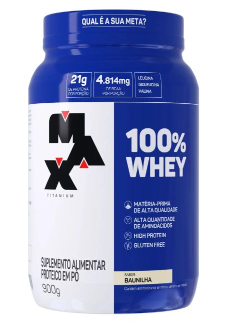 100% Whey Pote 900 g. Imagem retirada do site da Max Titanium