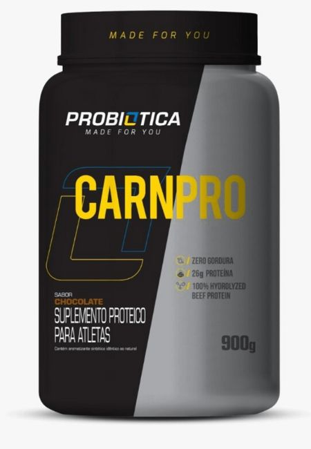 Pote de 900 g de Carnpro, sabor chocolate. Imagem retirada do site da Probiótica.