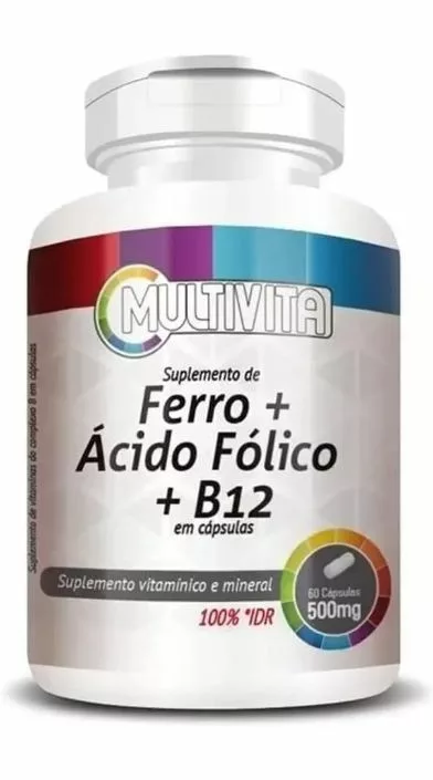 Suplemento de Ferro com ácilo fólico e vitamina B12, da Multivita. Imagem: Amazon