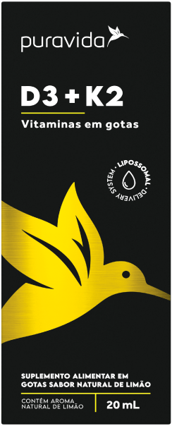 Suplemento de vitamina D3 e vitamina K2 da Puravida. Fonte da imagem: site oficial da marca.