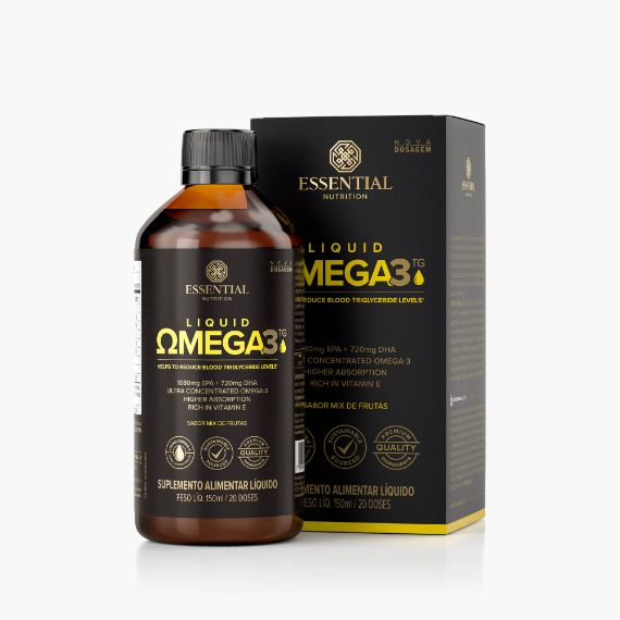 Super Ômega 3 TG líquido da Essential Nutrition. Fonte da imagem: site oficial da marca. 