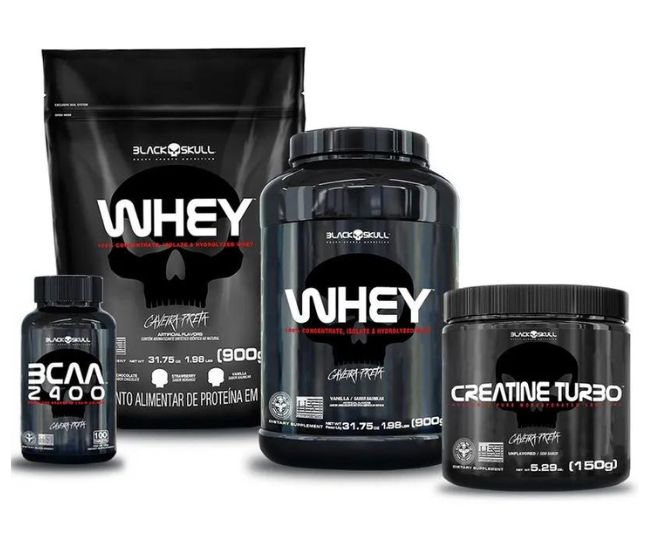 Kit Black Skull Whey 2x + BCAA + Creatina. Imagem retirada do site da Black Skull.