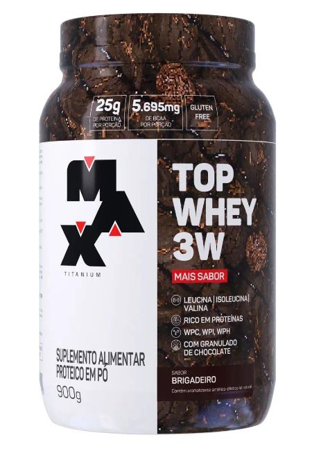 Top Whey + Sabor 900g, brigadeiro. Imagem retirada do site da Max Titanium.