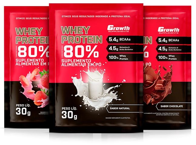 Whey Protein 80%, sachês de 30g. Imagem retirada do site da Growth Supplements.